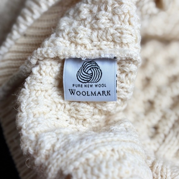 Carraig Donn Aran Knit Wool Shawl Collar Cardigan Cream Made in Ireland Mens M - Picture 6 of 12